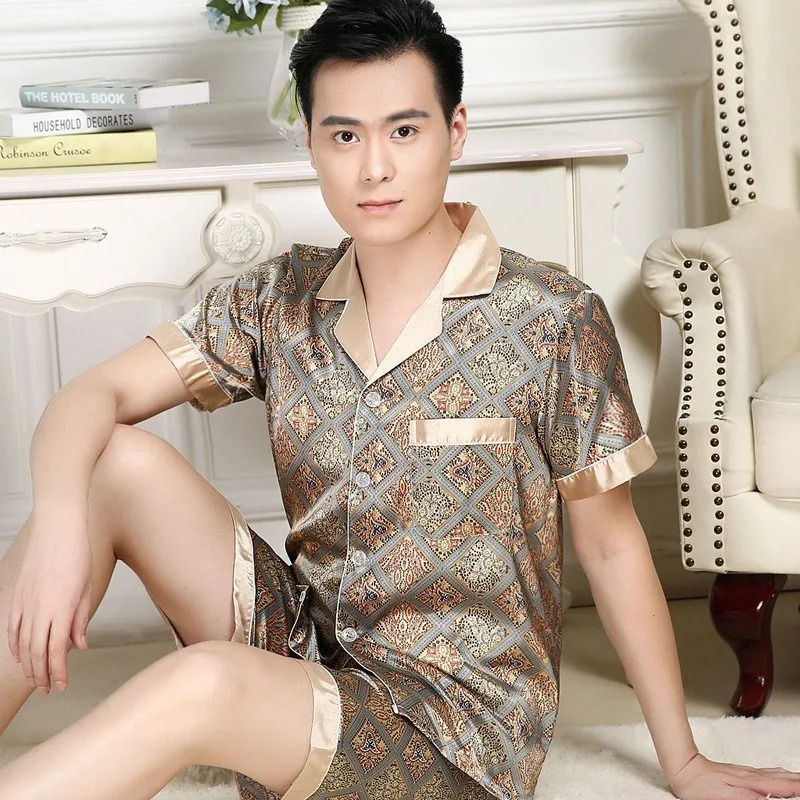 High Quality Mens Pajamas Suit Summer Ice Silk Sleepwear Thin Shortsleeved Trousers Twopiece Loungewear Male 250614