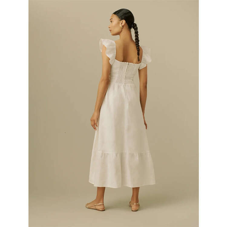Summer Dress Womandress Designer Dresses 448 Summer New 2025 White Over-the-knee Mid-length Slim Fit Flutter Sleeve Dress French Style Womens Fashion