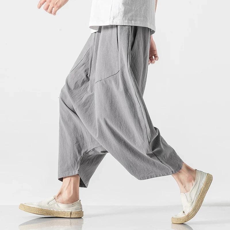 Summer Men Plus Size Casual Harem Pants Vintage Loose Cotton Linen Wide Leg Pants Men Elastic Waist Pantalones Trousers 250614