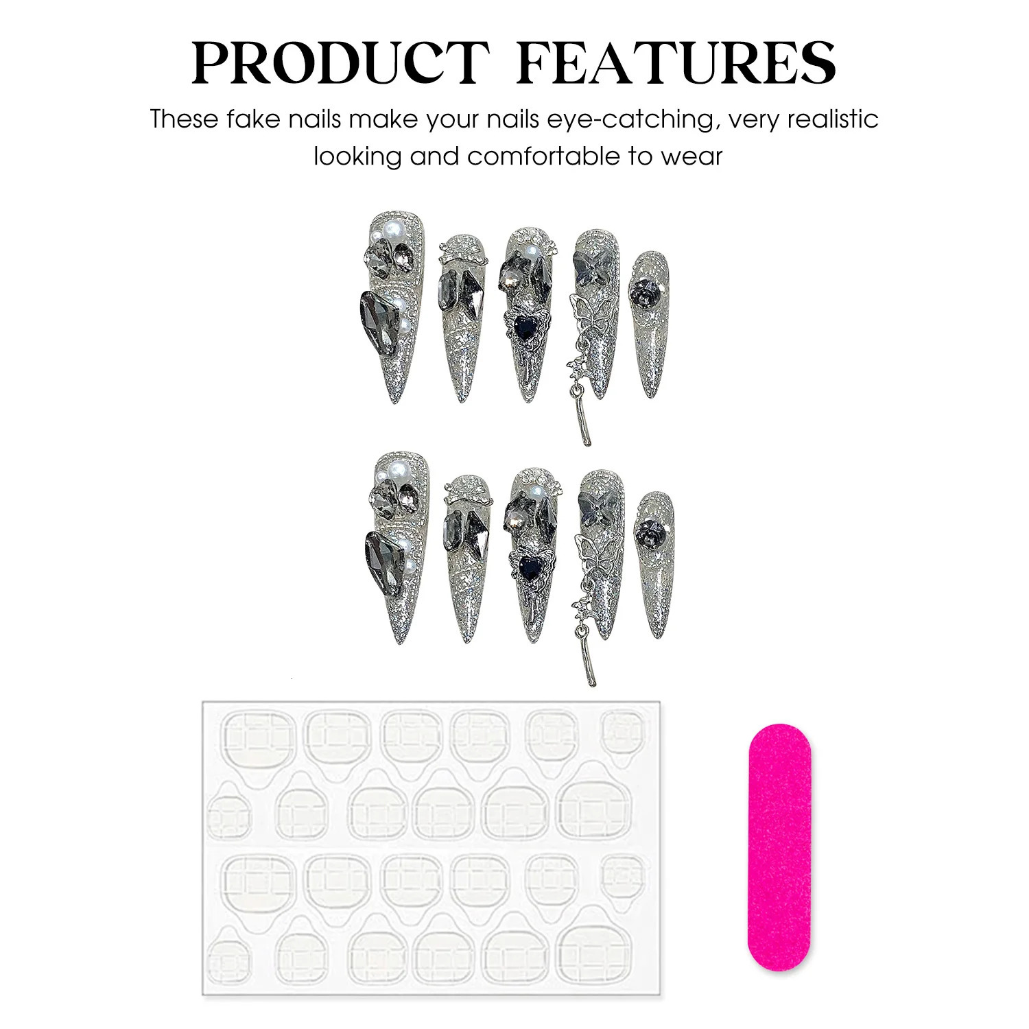 Handmade Press On Nails 3D Silver Butterfly Super Long Fake Nails Stiletto With Glitter Diamond Decor Wedding Bride False Nails 250612
