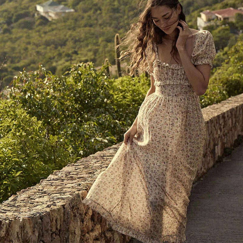 Women Designer Clothing Women Dresses Womandress Womens Dress 794 Summer New 2025 Pure Cotton Square Neck Floral Mid-length Vacation Dress French Styl