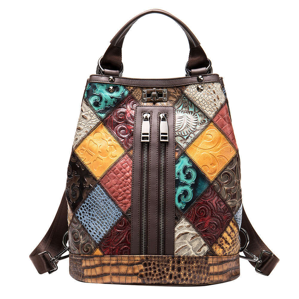 Bucket Bag Travel Backpack Ethnic Style Women's Genuine Leather Large Capacity Cowhide Patchwork Fashion and leisure