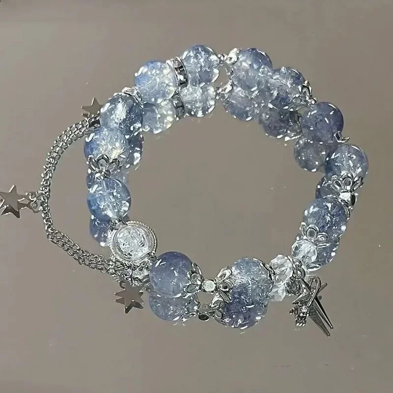 Niche Star Chain Tassel Bracelet for Women Fantasy Blue Crystal Beads Elastic Rope Bracelet Friend Jewelry Gifts 250616
