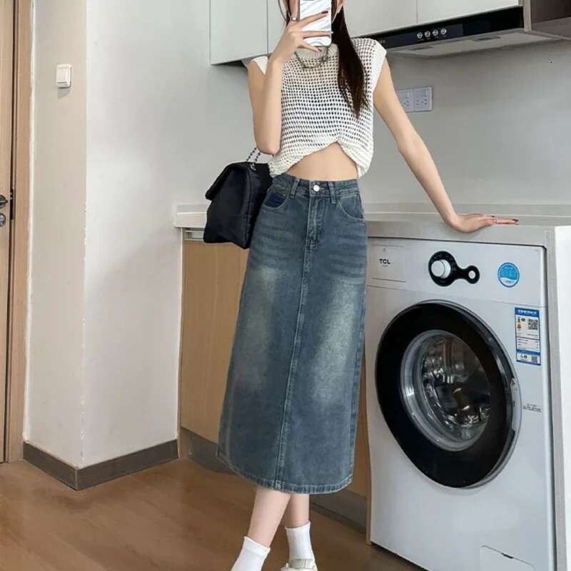 Female Jeans Skirts With Slit Midi Stylish Luxury Elegant Harajuku Casual Summer 2025 Korean Style Aesthetic Womens Denim Skirt