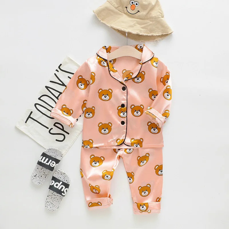 Children Silk Satin Pajamas Set Baby Boys Girls Cartoon Little Bear Tops Trousers 2Pec Spring Autumn Kids Casual Home Sleepwear 250617