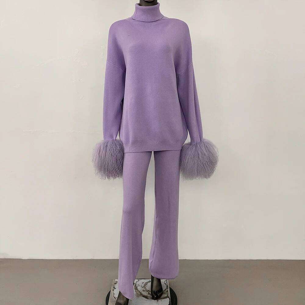 DEBAIFUR 2025 Spring Autumn Cardigan Real Mongolia Sheep Fur Sweater Women Knitted Long Pant Sets High Collar Knitwear Female