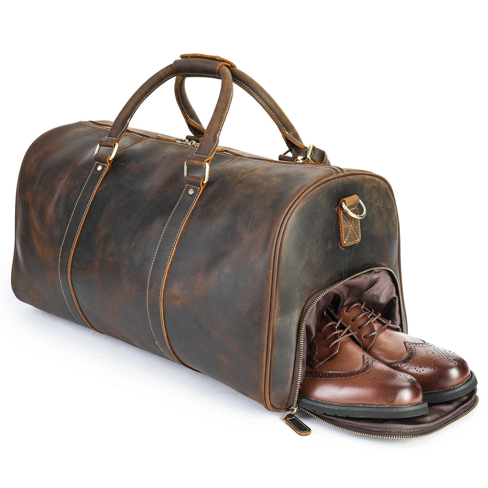 Top Layer Cowhide Crazy Horse Leather Travel Bag Large Capacity Gym Bag Shoe Compartment Outdoor Genuine Leather Mens Travel Duffel Bag