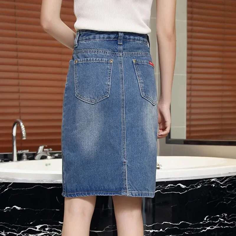 High Waist Woman Denim Skirt Zipper Chubby Sexy To Knees Length Coquette Midi Blue with Pocket Jeans Skirts for Women Harajuku V