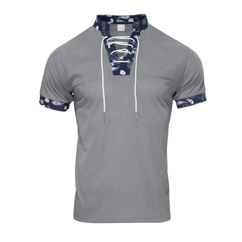 Fashion t shirt mens Amekaki Men's corduroy fitted short-sleeved casual V-neck strappy T-shirt European code: S-3XL