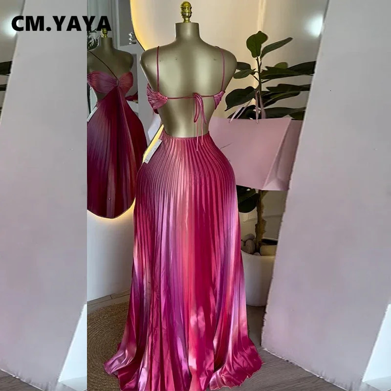 CM.YAYA 2025 Elegant Sleeveless Sweet Strapless Gradient Floor-Length Long Women Dress Beach Party Evening Sexy Pleated Dresses 250616