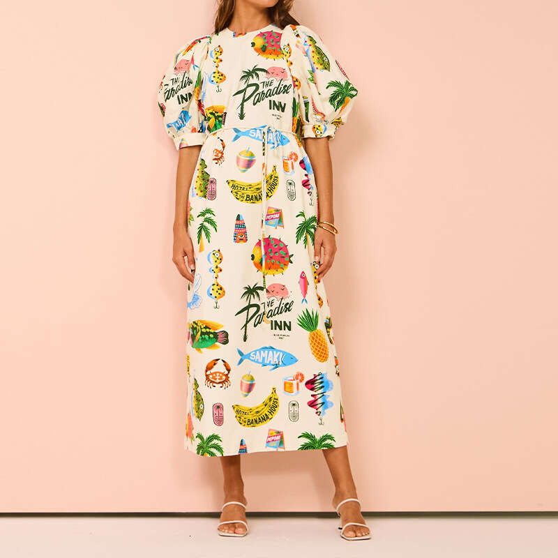 Winter Elegant Women's Print Puff Sleeve Slit Waist Tie Casual Dress B5