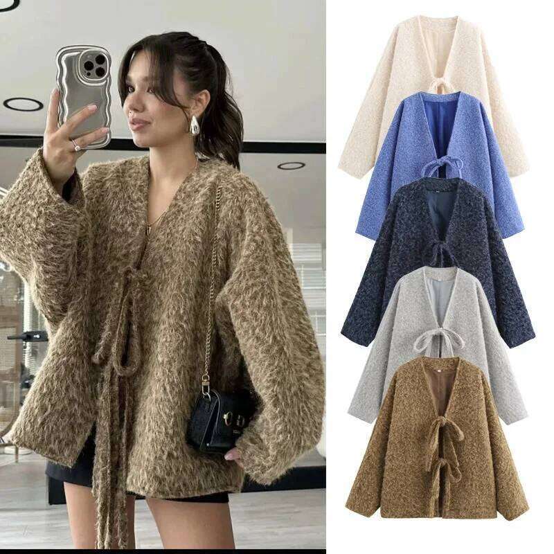 Lady Thick Tweed Jackets 2024 Fall Fashion Lace Up Urban Coats In Outerwears Autumn Coat Elegant And Pretty Women Cardigan