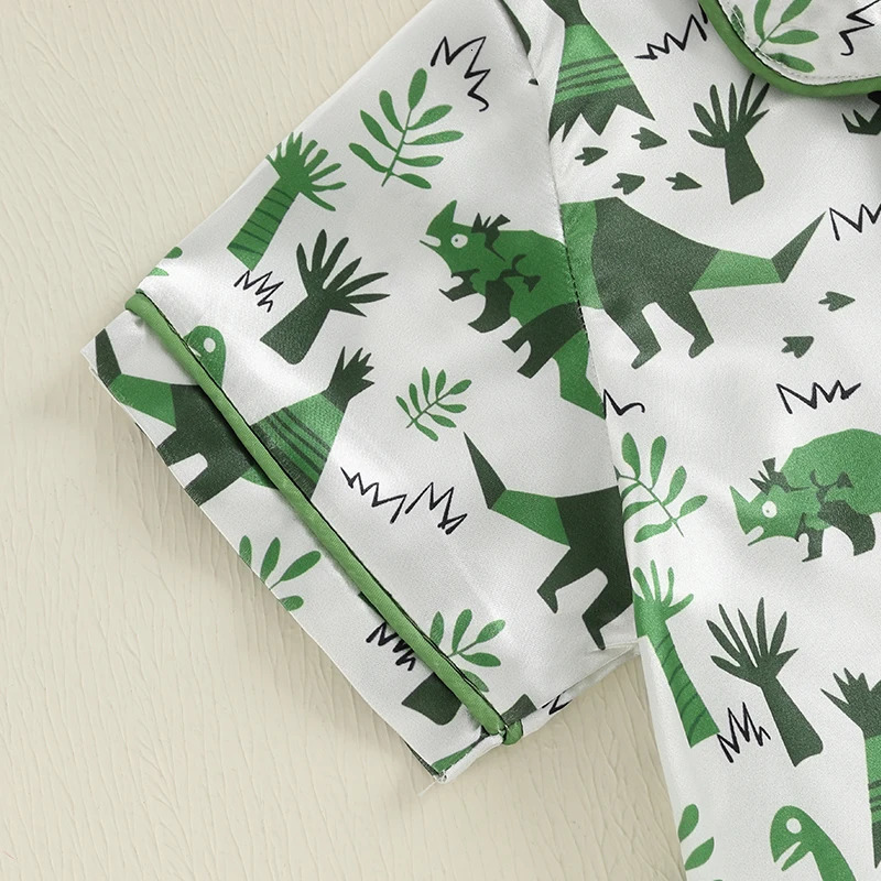 Boys Summer Pajama Set with Fun Dinosaur Print Short Sleeve Button Down Top and Matching Shorts for Comfortable Lounge Wear 250617