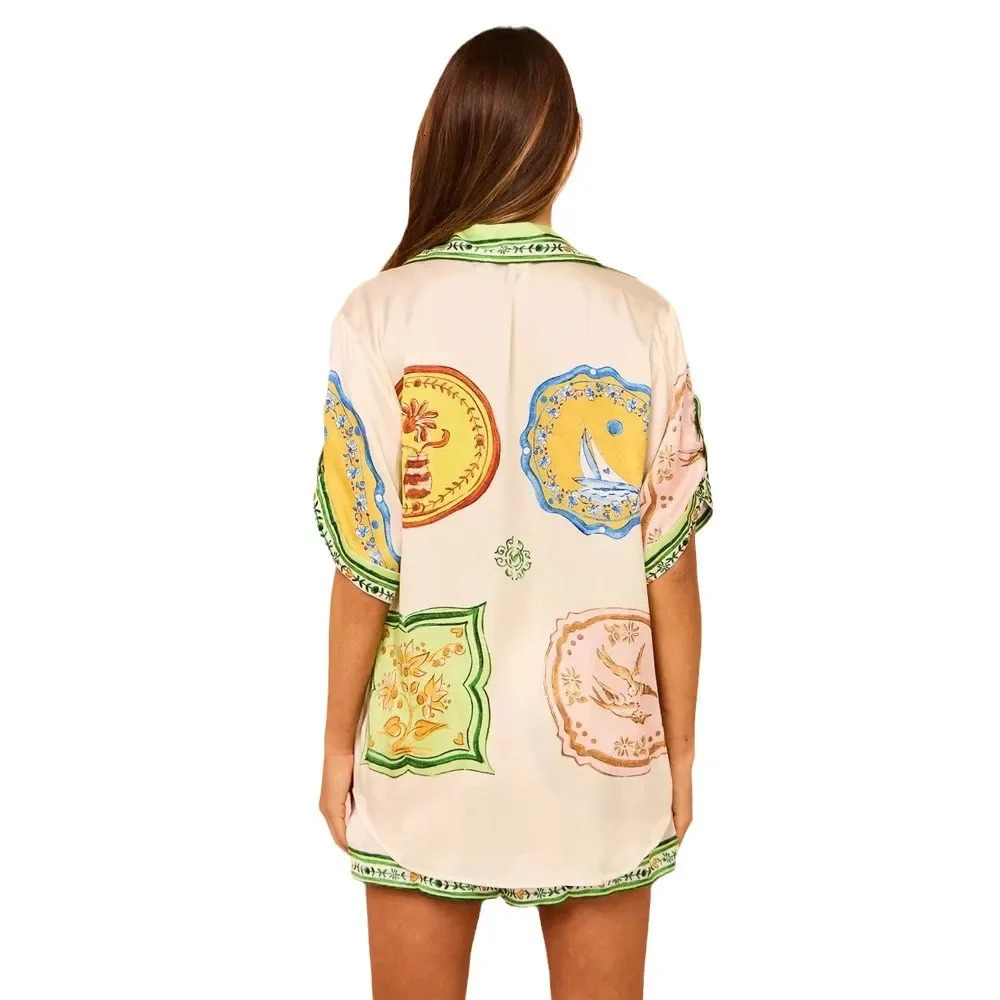 Casual Loose Satin Print Shirt Collar Shorts Set Fashionable Versatile Two-Piece Womens Wear Comfortable Breathable 250616
