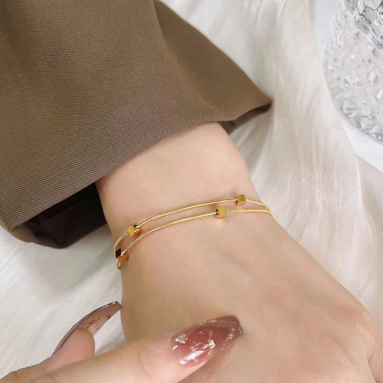 Fashion Light Style Versatile Elegant Small Square Double Layer Stacked Bracelet for Women Titanium Steel Non-Fading Jewelry