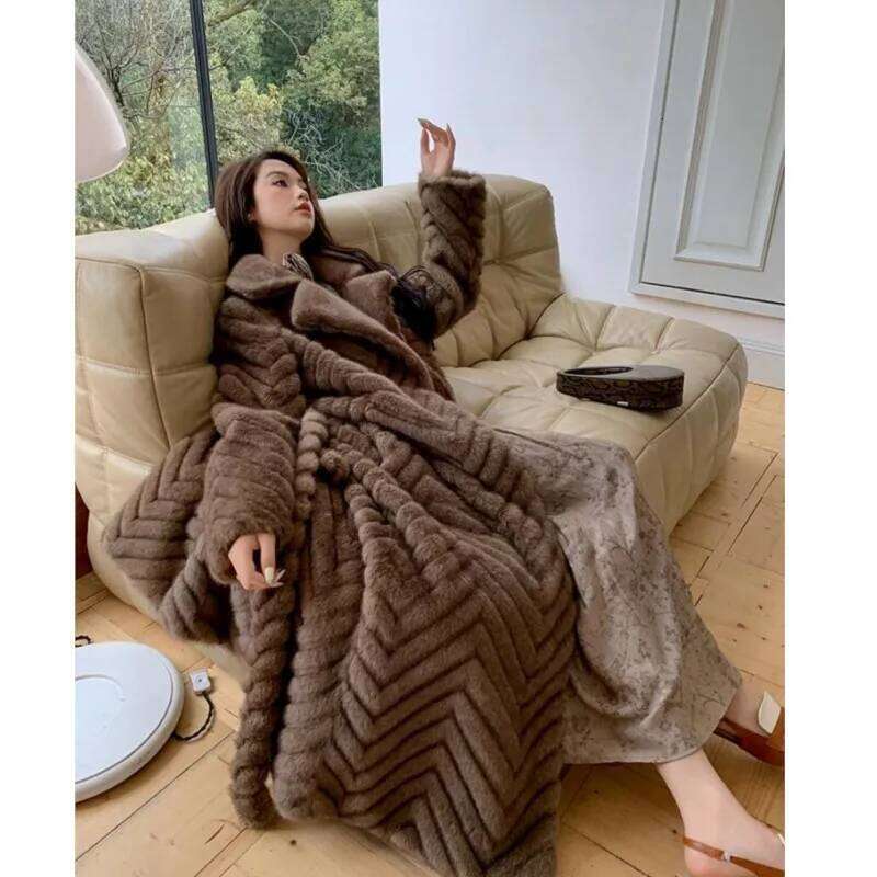 Winter Brown Eming Wave Strip Pattern Faux Mink Fur Coat CHIC Women Bow Sashes Full Sleeve Loose Warm X-Long Outerwear