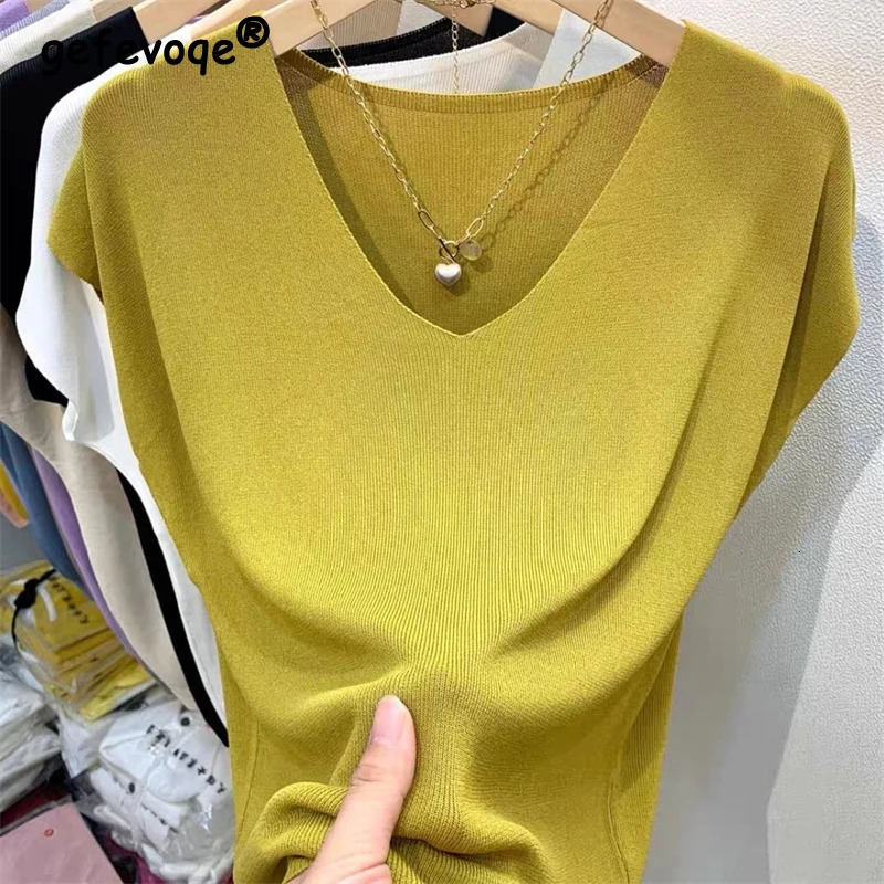 Women Clothing Summer Fashion Simple Short Sleeve Ice Silk Thin Knitted T-shirt Casual Commute Solid V Neck Loose Pullover Tops 250614
