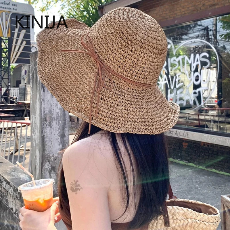 Holiday Sle Beach Fisherman Hat Seaside Sun Protection Sun Hat Large Brim Bow Woven Straw Hat Women Panama Chapeau Korean 250616