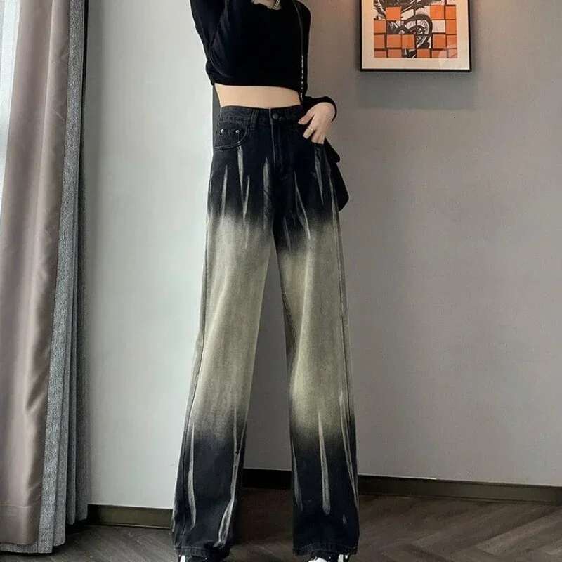 Womens Jeans Gradient Straight Leg Trousers High Waist Shot Black Pants for Woman with Pockets Office Medium Wash 2000s Y2k R A
