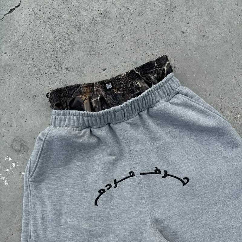 Vintage grey beach shorts casual wear Y2K baggy print pattern camouflage double waist cotton drawstring breathable men clothing Z250617