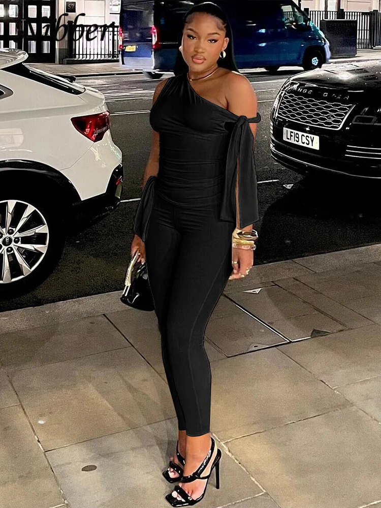 Nibber Chic Elegant 2 Piece Set Women Tracksuit Skew Collar Ribbon Tank TsopLeggings Casual Skinny Stretch Matching Outfits 250616