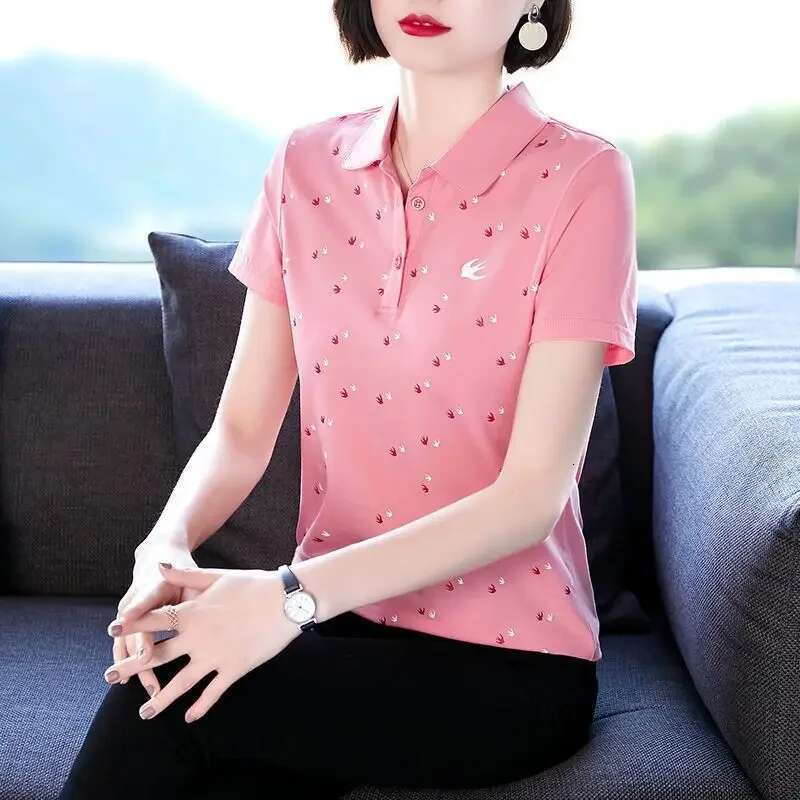Short Sleeve Womens Polo Slim Female Tee Pretty Casual Tops Youthful Elegant Korean Clothing with Collar in Trend 2025 T-shirts