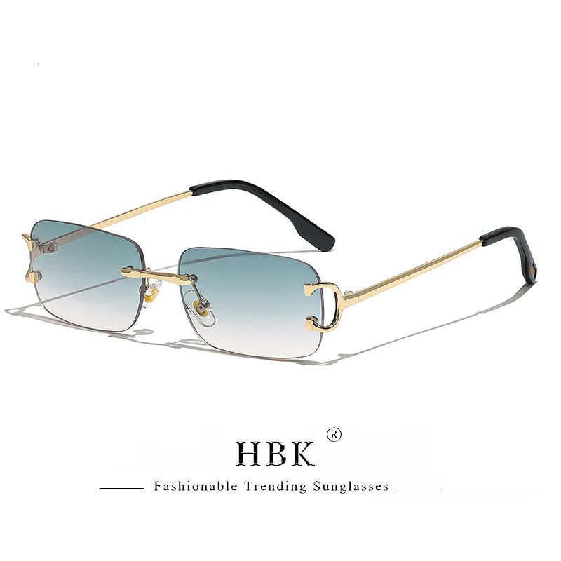 HBK Retro Rimless Sunglasses For Women Men Small Square Gold Frame Tea Shades Rectangle UV400 Zonnebril Eyewear 250616