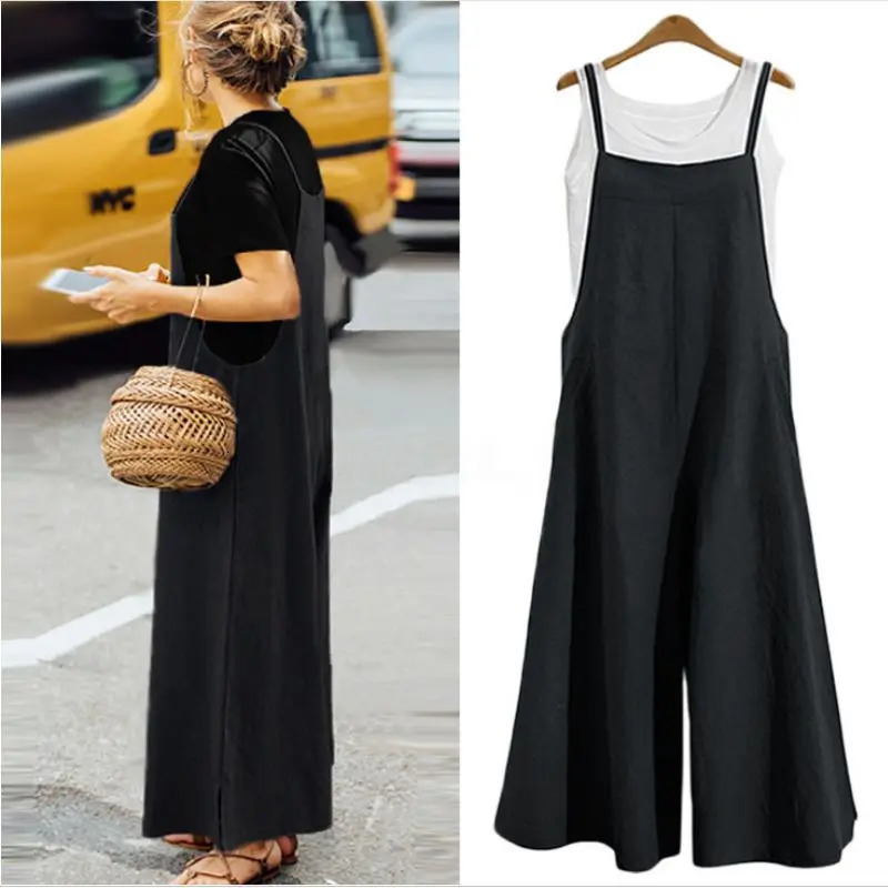 Womens Summer Sleeveless Jumpsuit Solid Color Wide Leg Bib Overalls Casual Loose Cotton Linen Straps Dungaree 250616