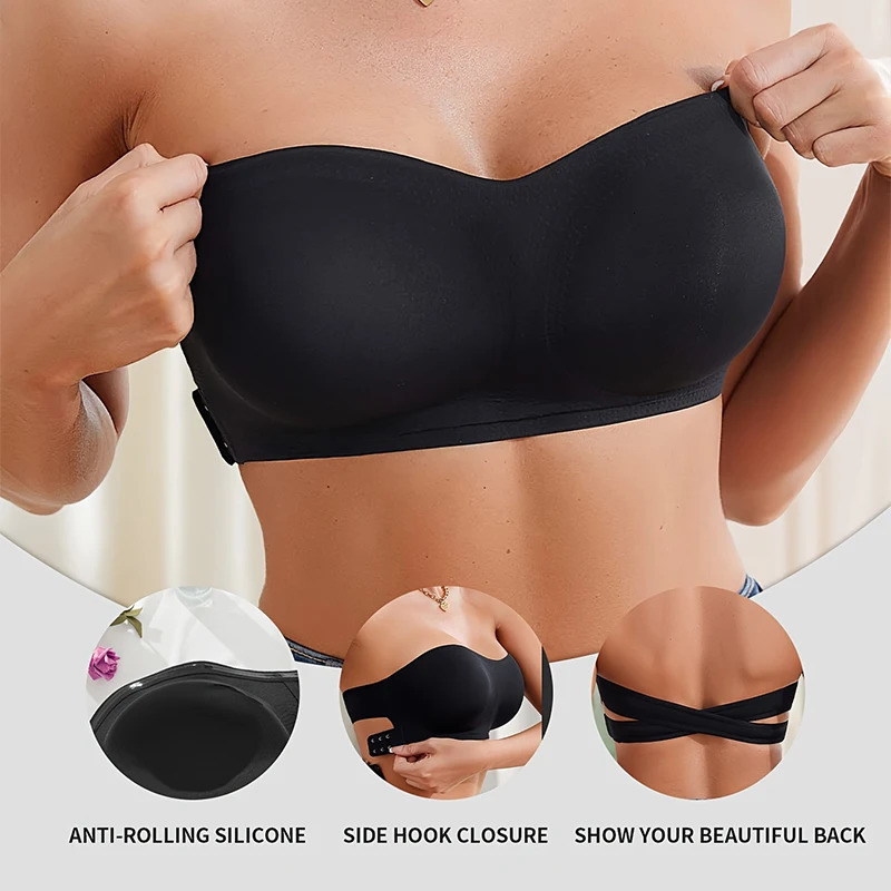 Womens Sexy Strapless Push Up Bra Removable Padded Seamless Ice Silk Top Women Invisible Beauty Back Anti-slip Off-shoulder Bra 250617