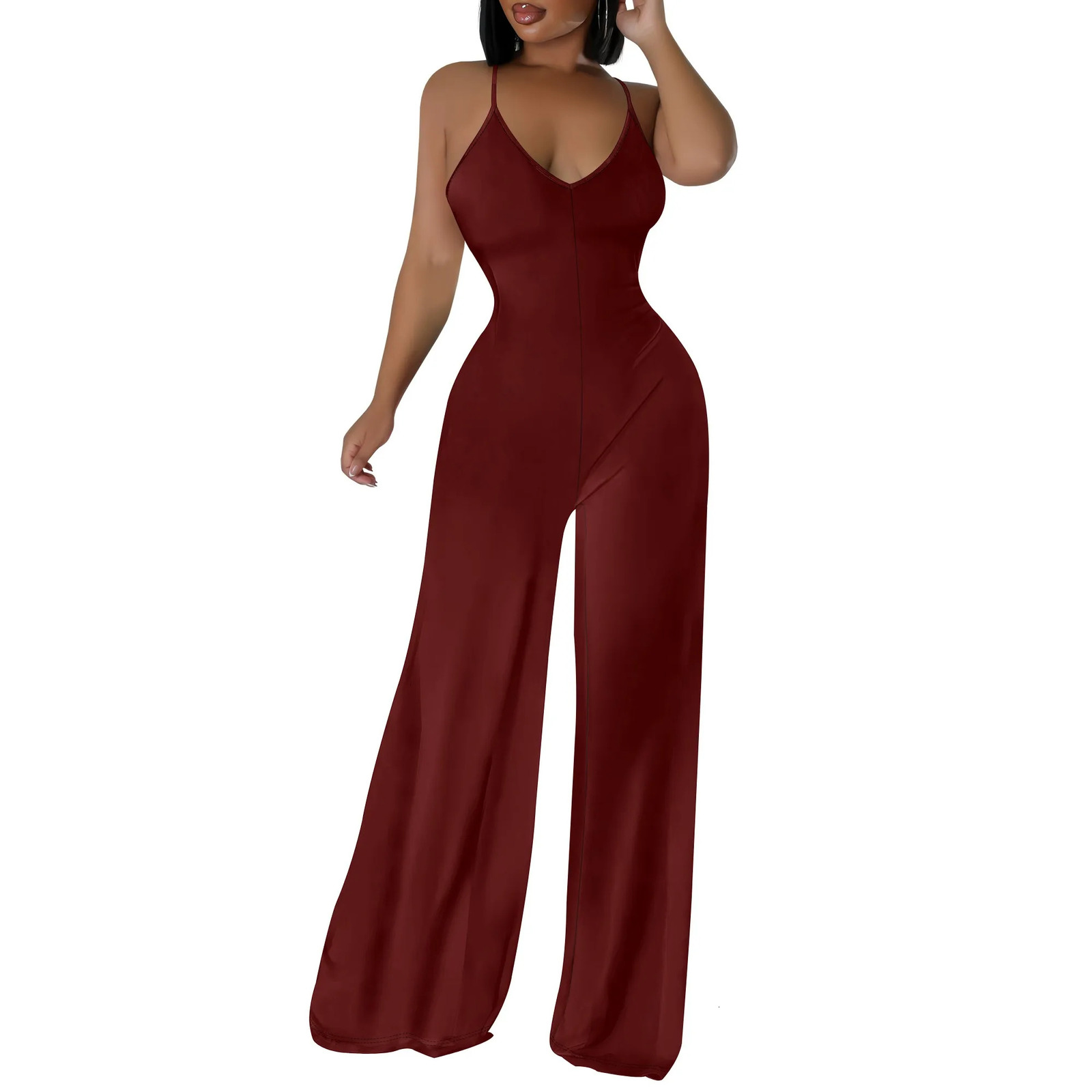 Women V Neck Spaghetti Strap Wide Leg Dressy Jumpsuits Summer Casual One Piece Jumper Romper Outfits 250617