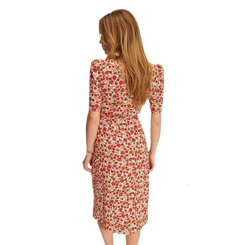 Maxi Dress for Women Luxury Dress Designer Dresses for Women 114 # Summer New 2025 Floral V-neck Short Sleeve Mid-length French Tea Break Wrap Dress w