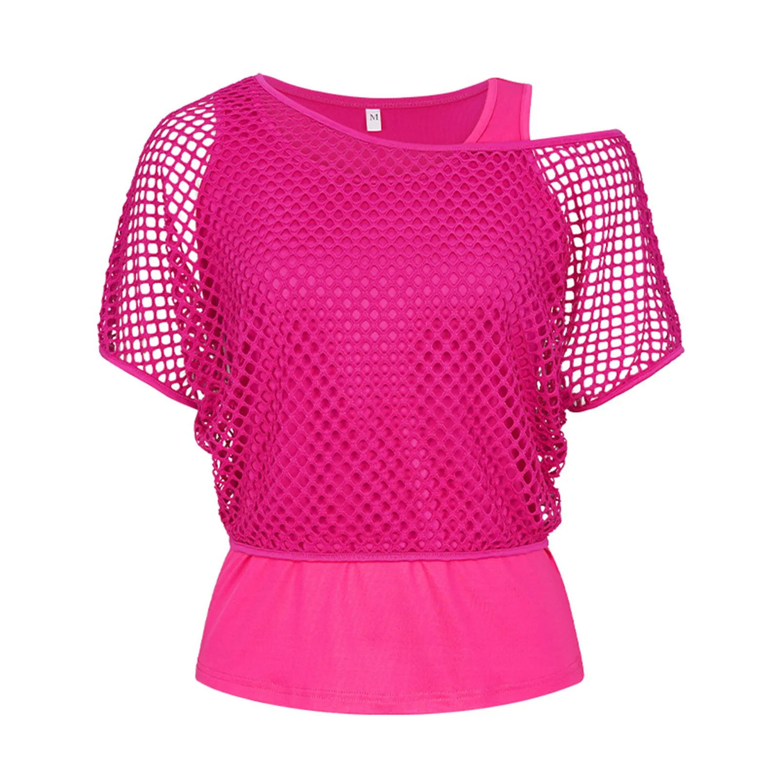Off Shoulder T Shirt For Womens Neon Fishnet Mesh Blouses Tops For Ladies Solid Tee Shirts Summer Casual Blouse Ropa De Mujer 250614