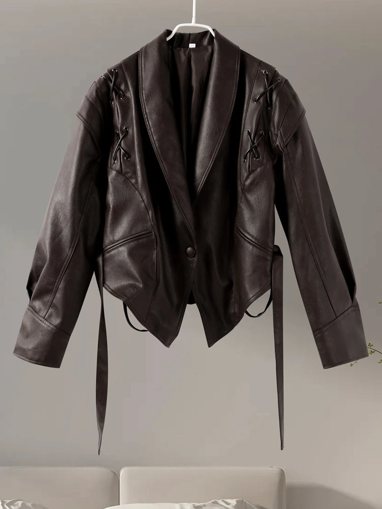 Women Leather Bomber Jackets Coats With Belt Notched Shoulder Pads Motorcycle Street Chic Short Outwear Fashion Solid Lace Up 250614