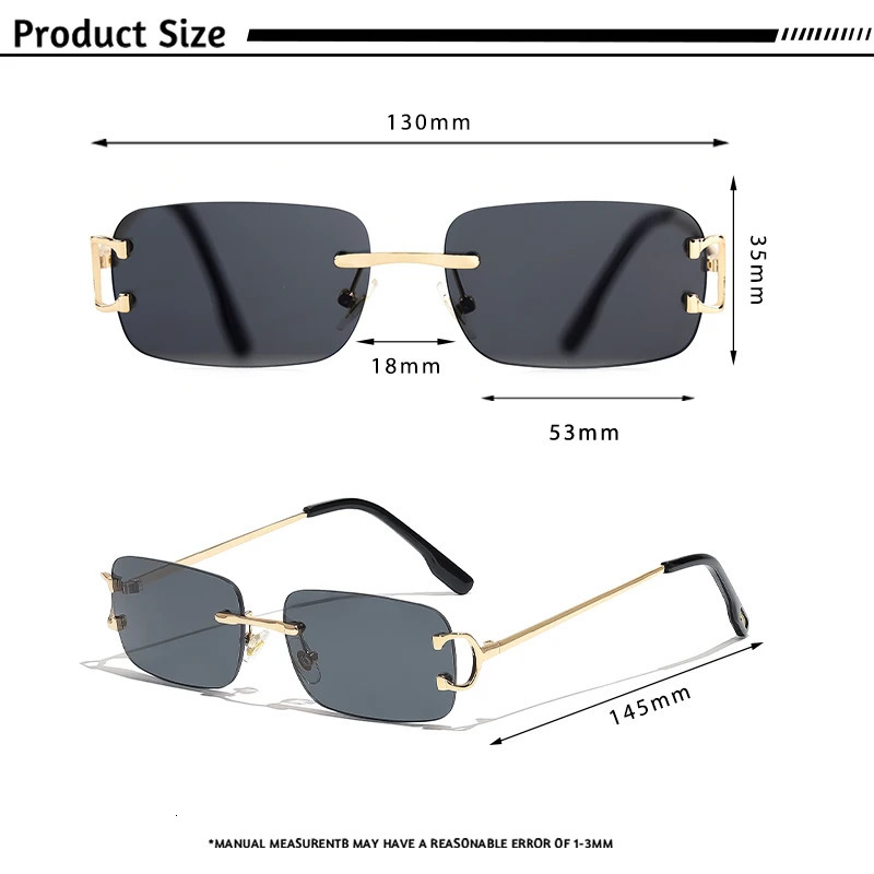 HBK Retro Rimless Sunglasses For Women Men Small Square Gold Frame Tea Shades Rectangle UV400 Zonnebril Eyewear 250616