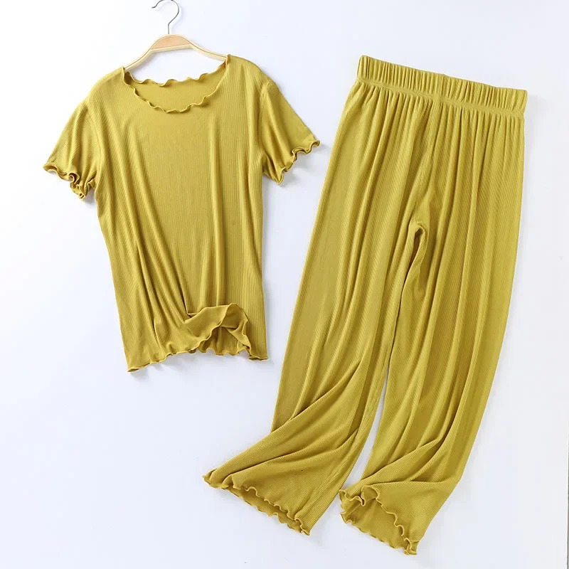 Japanese summer ladies cotton modal short-sleeved nine-point pants suit home service suit womens large size home pajamas 250616