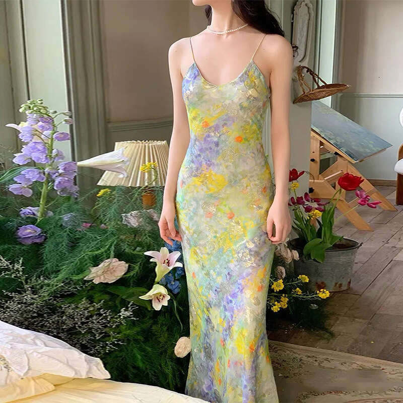 Bodysuit Birthday Dress Goth Dresses for Woman Party Women Dresses 836 Summer New 2025 Silk French Style Art Oil Painting Strap Long Vacation Dress
