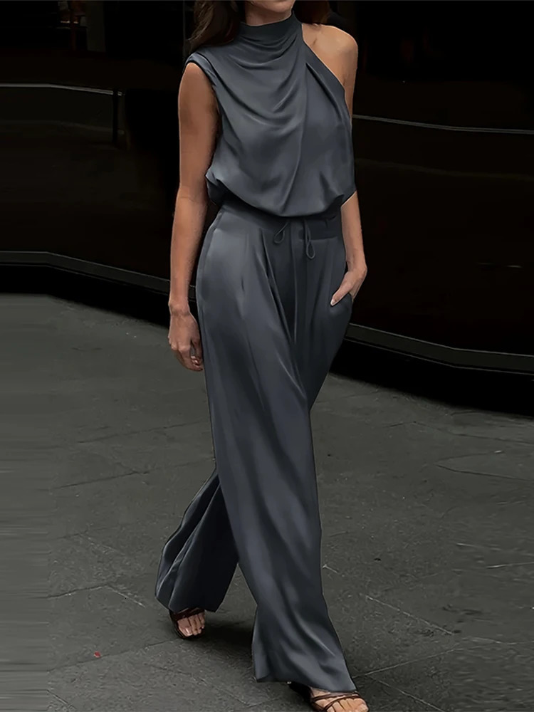 Solid Smooth Satin Two Piece Sets One Shoulder Sleeveless Shirts Lace Up Wide Leg Pant Female Summer Casual Loose Set 2025 250616