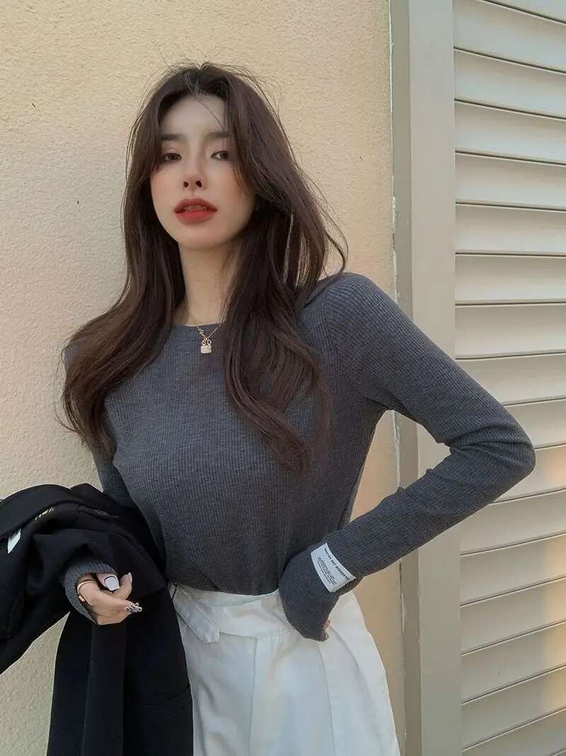 Grey Womens T Shirts 2025 Slim Plain Female Tops Cotton Tshirts Alt Y 2k Harajuku Clothes Long Sleeve Spring and Autumn O