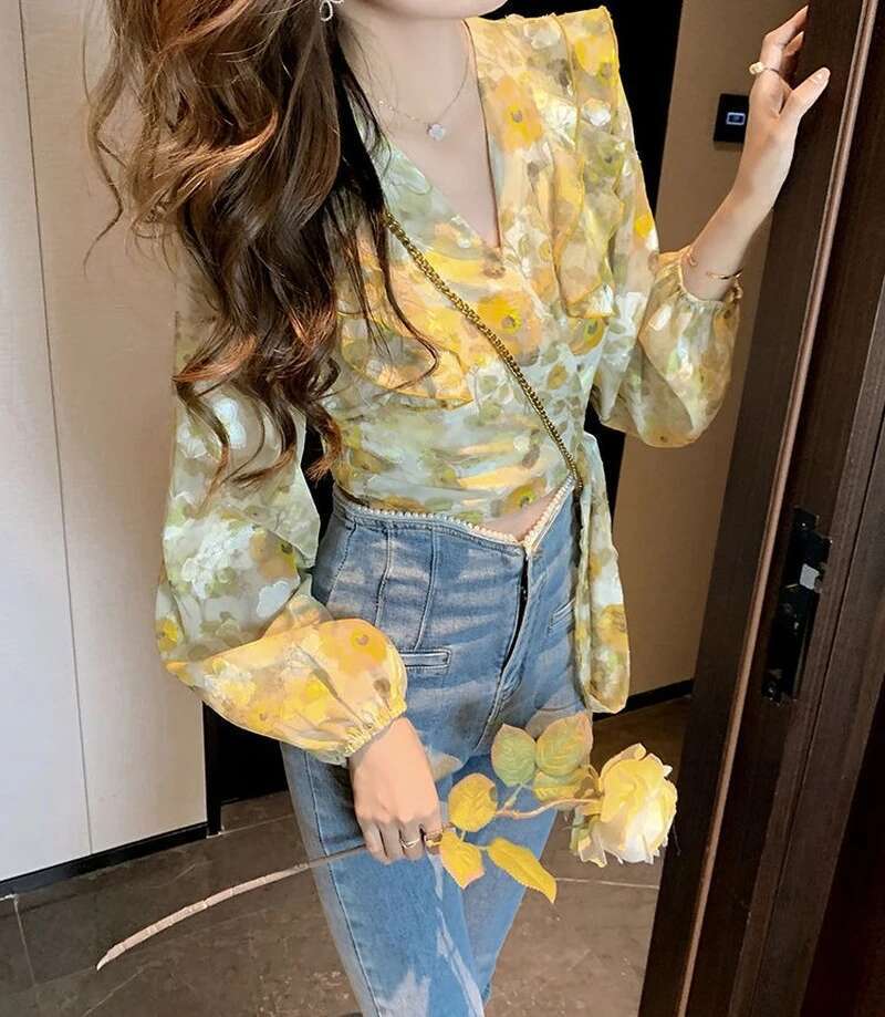 Top For Woman Chiffon Clothing Floral With Bow Womens Shirts And Blouses Long Sleeve Ruffle Frill Offer Stylish M Xxl Y2k
