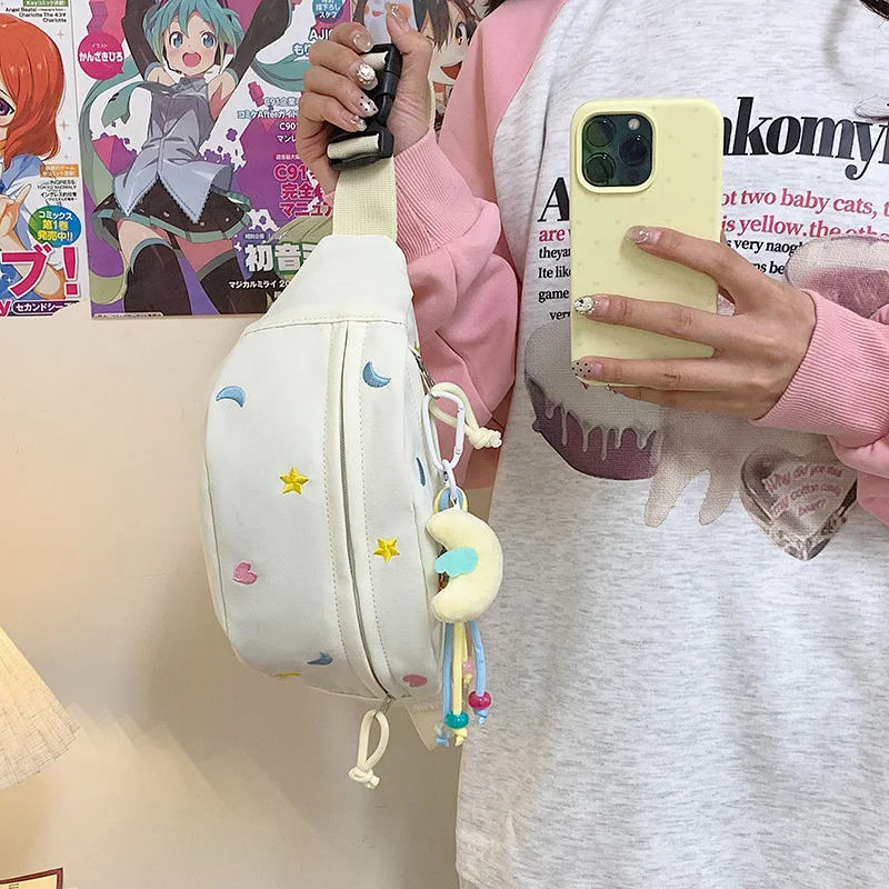 Candy Color Embroidery Cute Fanny Pack Woman Lightweight Portable Casual Sport Chest Bag Japanese Style Kawaii Crossbody Bag 250614