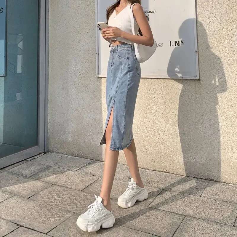 Woman Denim Skirt with Slit High Waist Jeans Skirts for Women Blue Cheap Modest 2025 Trend Stylish Premium Vintage Streetwear V
