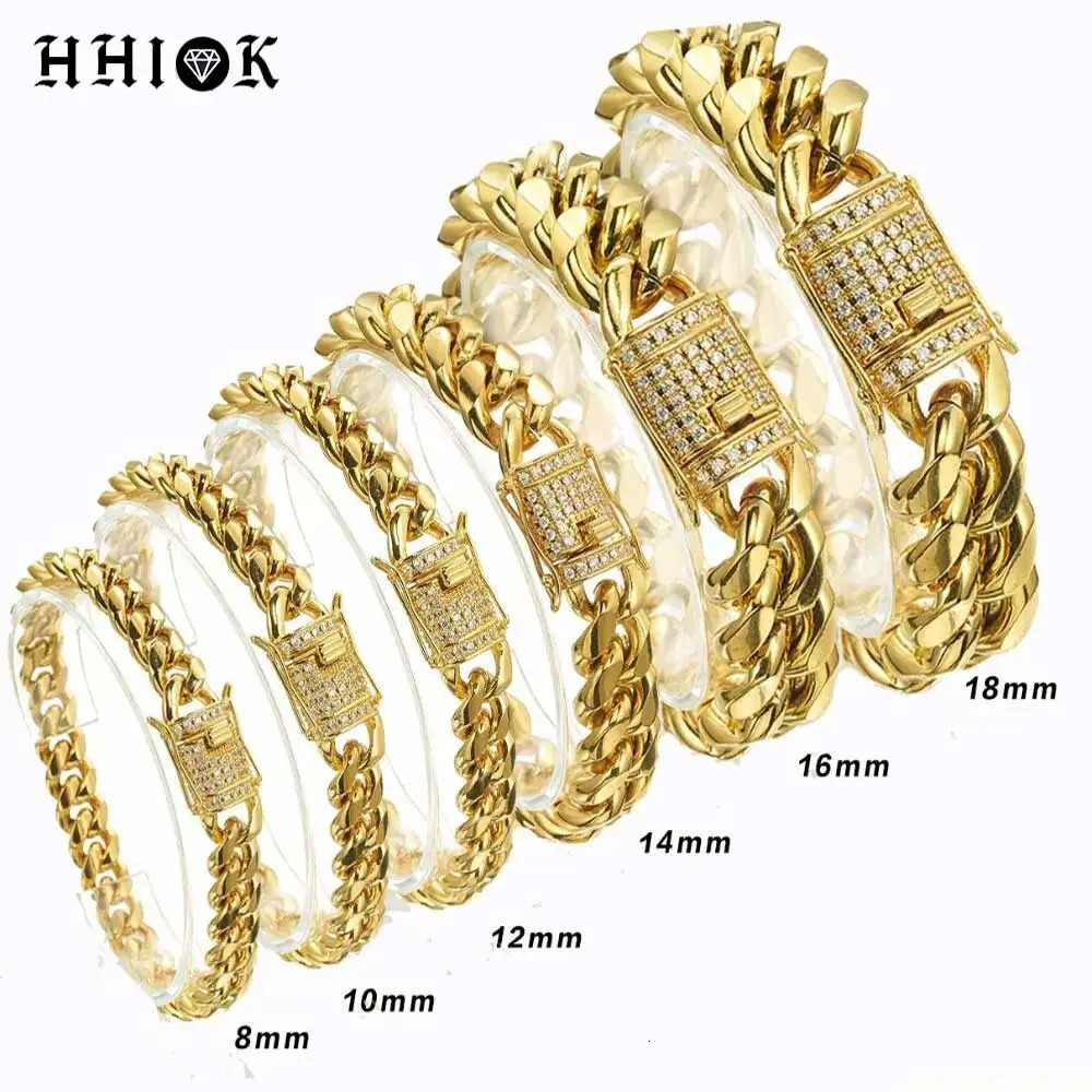 Stainless Steel Miami Cuban Link Bracelet 8mm-16mm Gold Plated with Iced CZ Clasp Premium Hip Hop Jewelry For Men Women Gift 250603