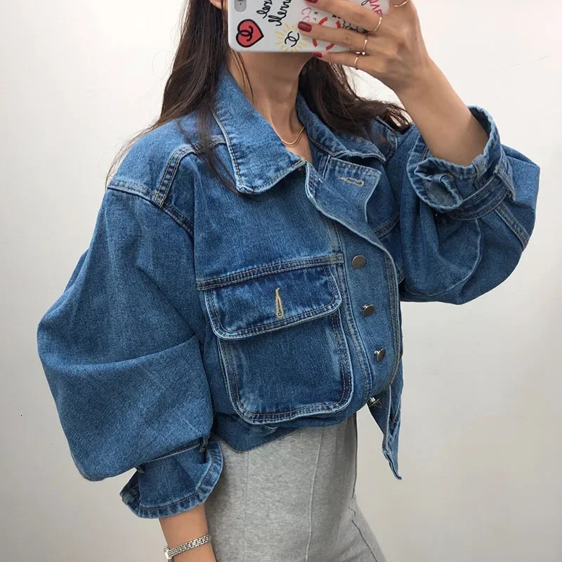 Cropped Oversized Denim Jacket Women Spring Autumn Outerwear Stylish Puff Sleeve Washed Blue Ladies Jeans Jackets Coat 250613