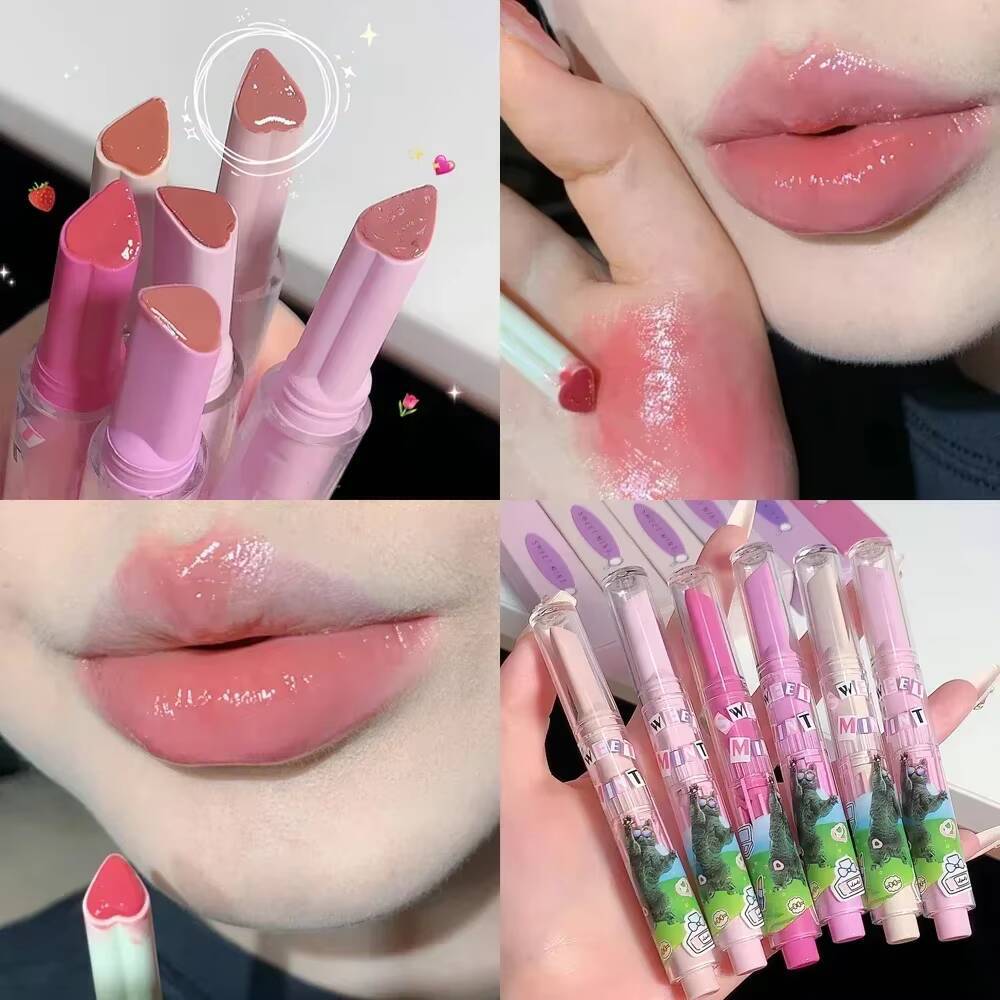 Moisturising Pen Waterproof Jelly Glaze Mirror Water Lipstick Heart-shaped Lip Gloss Non-stick Cup Korean Cosmetic happy