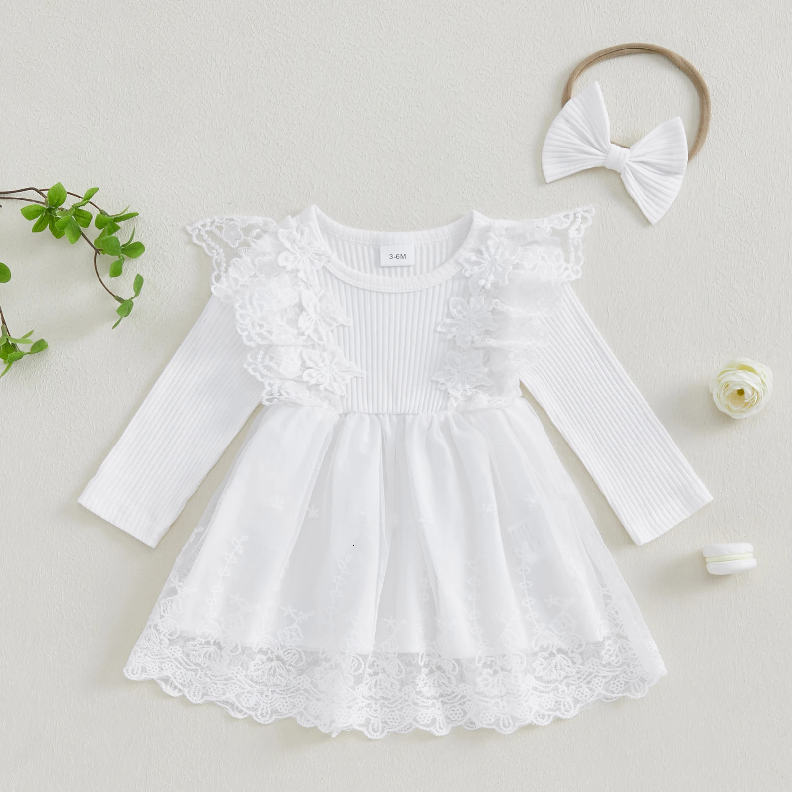Baby Girl Autumn Dress Cute Ruffle Long Sleeve Lace Patchwork Tulle Dress with Bowknot Headband 2Pieces Fall Outfit for Infants 250617