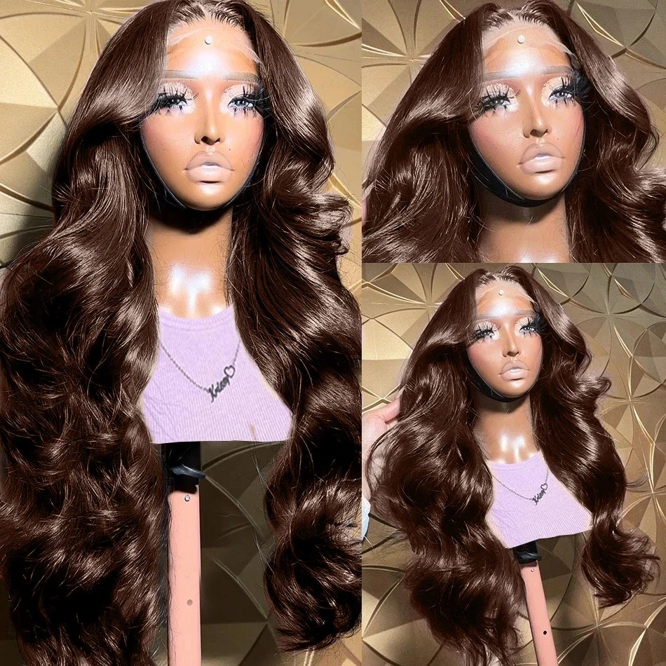 34 Inch Chocolate Brown Body Wave 13x4 HD Lace Front Human Hair Wigs Pre Plucked Brown Transparent Lace Frontal Wigs Synthetic For Women