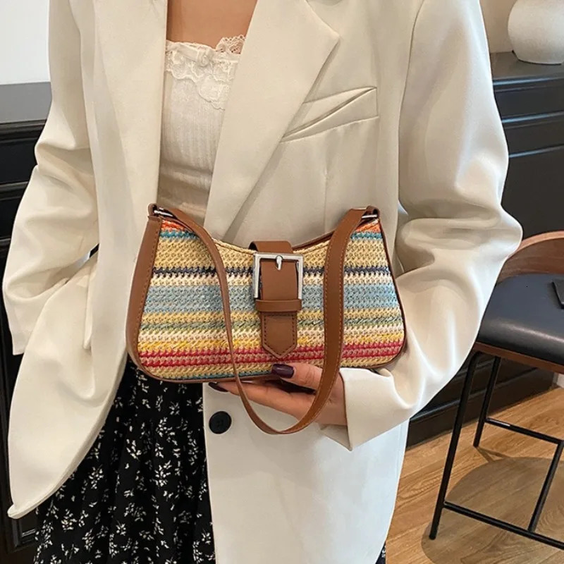 Fashion Rainbow Grass Woven Shoulder Bag Ladies Banquet Bag Spring Light Shoulder Bag with Armpit Bag 250614