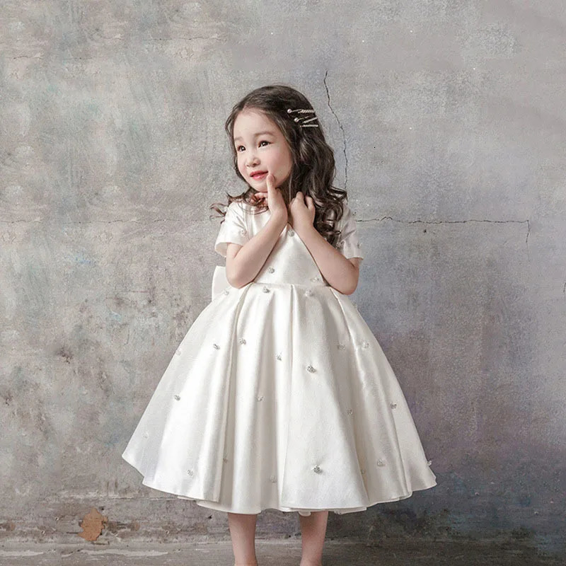 Baby Kids Princess Satin Bow Crystals Flower Girl Dress Children First Communion Dress Ball Gown Wedding Party Dress Birthday 250617