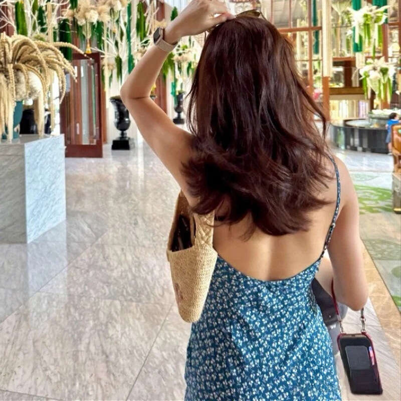 Summer Dress Dresses for Woman Elegant for A Wedding 960 New 2025 Silk Blue Floral Low-cut Mid-length Slim Fit Backless Dress French Vacation Style