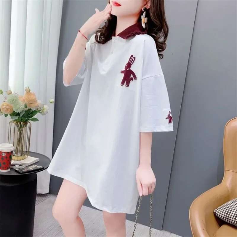Embroidery Woman Tshirt Short Sleeve Polo Neck T Shirt for Women Pulovers Original Korean Popular Clothes Youthful Elegant Basic